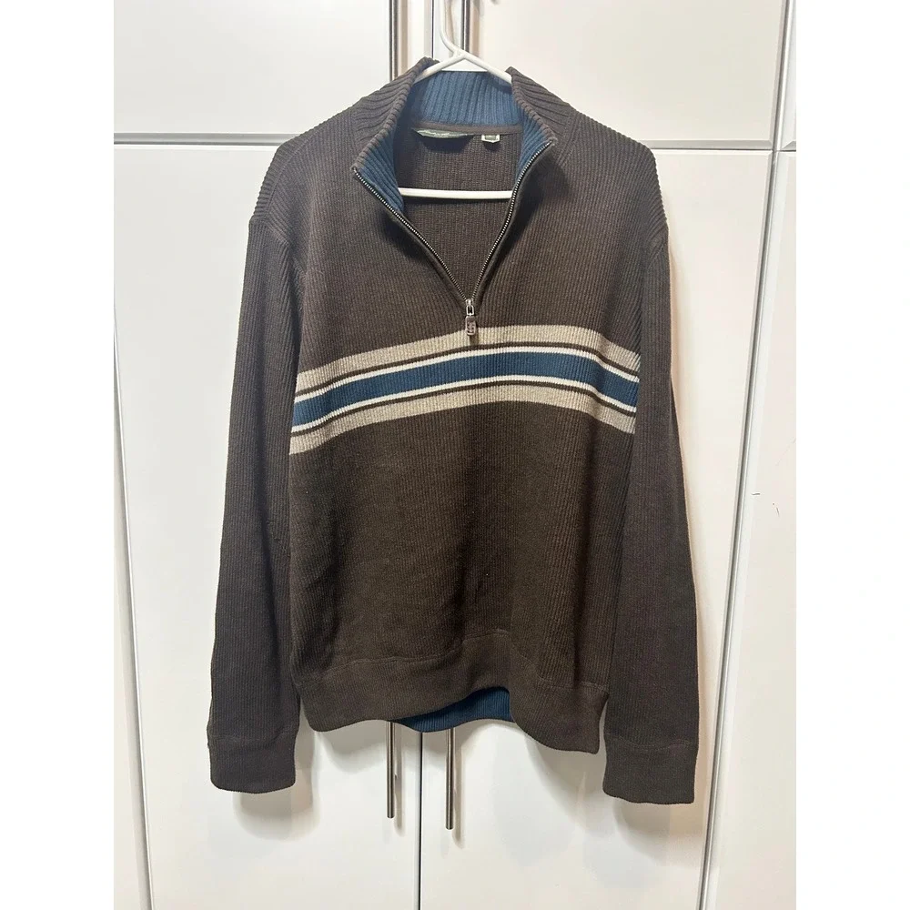 Eddie Bauer Mens XL Brown Striped Quarter Zip Ribbed Knit Pullover Sweater